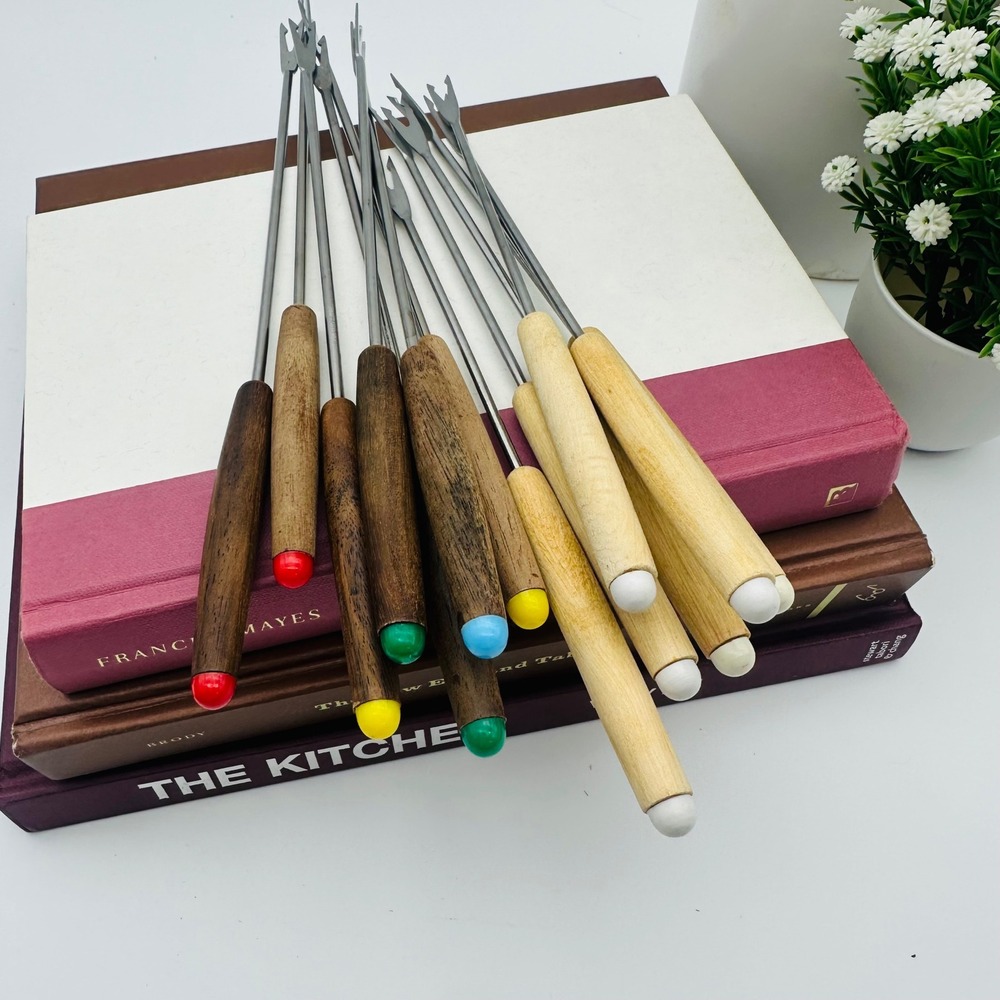 Vintage Mixed Wood Handle Fondue Forks Lot of 13 Mid Century MCM‎ Skewers